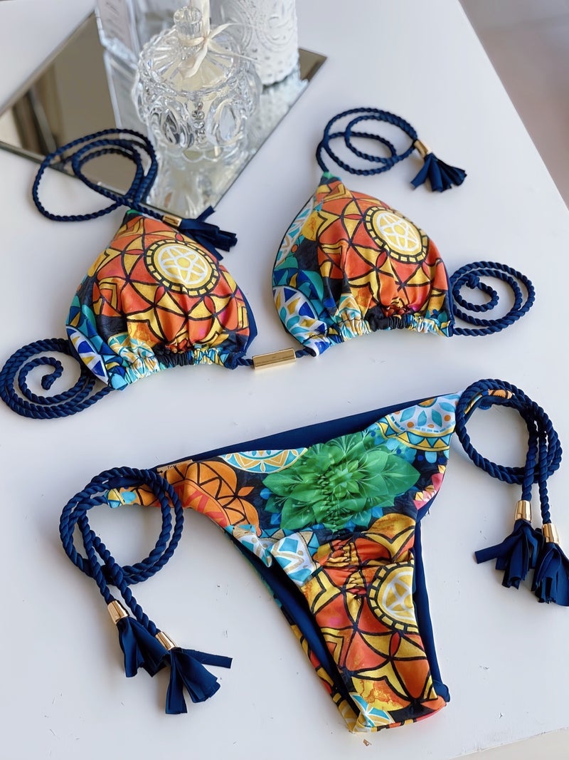 Printed Fabric Rope Bikini Triangle Swimsuit Swimwear - Image 1